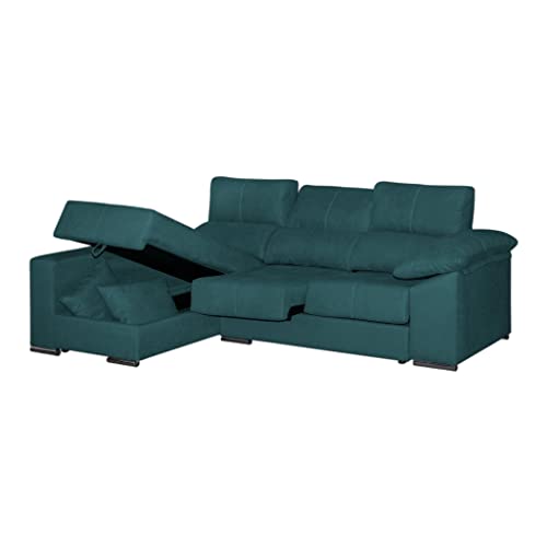 Tanuk Sofá Chaise Longue 4 Plazas Azul HELA Reversible 265x150 Tejido con Sistema ACUALINE Asientos Extensibles Desenfundable Arcón (Envío y Subida a Domicilio Incluidos)