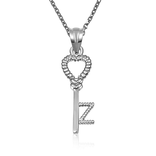10K White Gold Heart Lock & Key Letter Initial Love Pendant Necklace Initial - Z-16