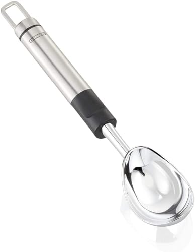 Leifheit Eisportionierer ProLine-Serie, Eislöffel aus Edelstahl, Eiskugelformer auch für hartes Eis, Teigportionierer, mit praktischer Aufhängeöse, silber, schwarz