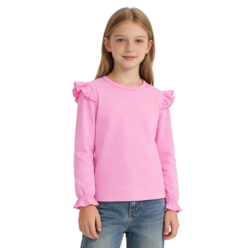 Image of LYSMuch 7-14Y Girls Ruffle Long Sleeve Shirt Kids Crewneck Basic Blouse Casual Tee