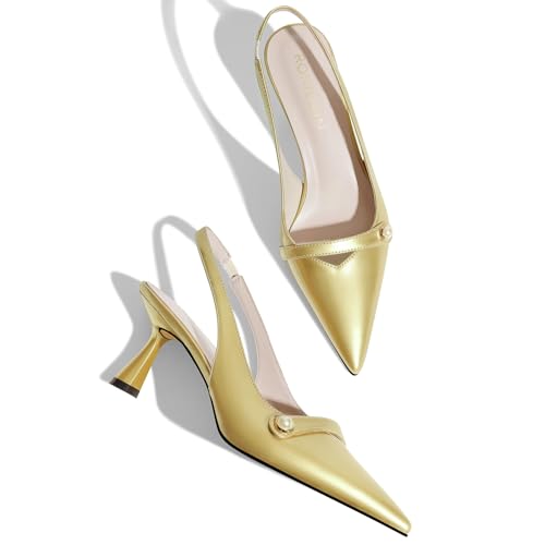 Image of Women Kitten Heels Slingback Low Heel Pumps Dress Shoes for Women Closed Pointed Toe Pearl Heels for Work Wedding Bridal