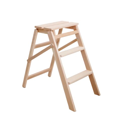 Escalera de 3 peldaños, antideslizante, madera de haya, plegable, capacidad de carga 150 kg