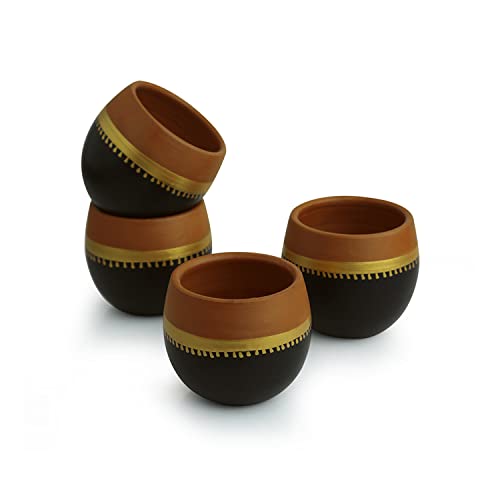 Image of ExclusiveLane Hand-Painted 'Terra-Sips' Kullads in Earthen Terracotta (Set of 4) - Kulhad Tea Cups Tea Sets Coffee Cups Mugs Cutting Chai Tea Glasses ,165 Ml