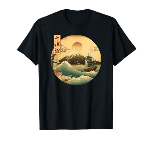 Fuji Kanji Japón antiguo barco y montaña japonés arte Camiseta