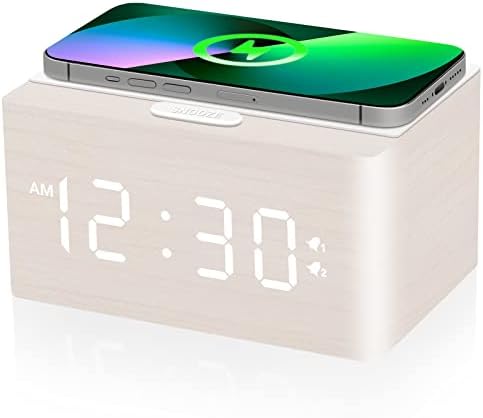 Bebcoo Digital Wooden Alarm Clock with 10W Fast Wireless Charging, Dual Alarm with Weekday/Weekend, Stepless Dimmer, Snooze, 12/24H, USB Charging Station, Wood LED Clock for Bedroom/Office (White)