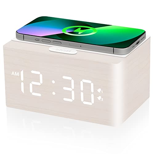 Bebcoo Digital Wooden Alarm Clock With 10W Fast Wireless Charging, Dual Alarm With Weekday/Weekend, Stepless Dimmer, Snooze, 12/24H, Usb Charging Station, Wood Led Clock For Bedroom/Office (White) #TOP1