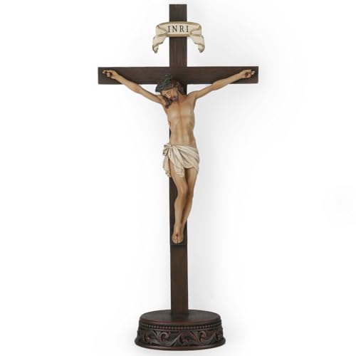 BC Catholic Crucifix Standing Cross, Jesus Christ tabletop Home Decor, Religious Gift, Wood Carve Looking, Realistic Finish, 10.9" H Hand Painted by Buildclassic