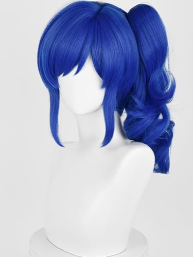 Image of Half and Half Dark Blue Curly Anime Ponytail Wig with Bangs for Women 14.5'' Deep Blue Aoi-Kiriya Cosplay Wigs Sapphire blue Hair Wig for Costumes Party Halloween