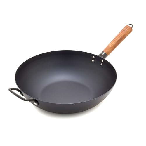Image of GreenPan Carbon Steel Wok 12”, Flat Bottom, Durable Stir-Fry Pan, Pre-Seasoned Nonstick Patina, High Heat Retention, Induction, Ash Wood Handle, Kyoto, Black