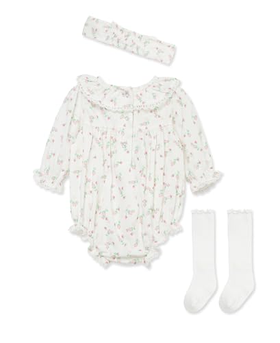 Little Me Clothes for Baby Girls' Woven Bubble Romper, Matching Headband, and Socks Set, 3 Months to 12 Months2