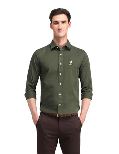 Image of U.S. Polo ASSN. Solid Slim Fit Shirts for Men - 100% Cotton, Full Sleeve Mens Casual Shirts