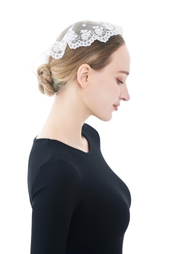 Wgior Catholic Church Small Circle Round Head Covering Floral Lace Mantilla Chapel Cap Veil Latin Mass Veils for Women Girls (White)