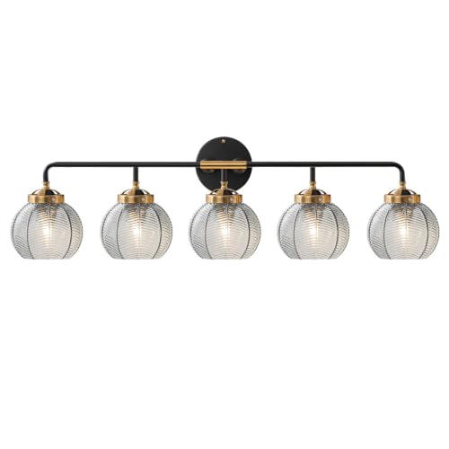 Image of Bathroom 5-Lights Smoke Gray Leaf Texture Glass Vanity Light Fixture