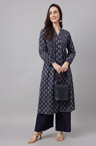 Image of Janasya Women's Pure Cotton Floral Printed A-line Kurta