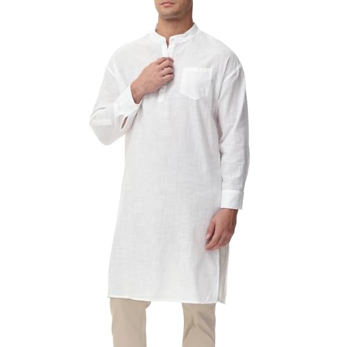 TURETRENDY Men's Kaftan Robe Long Sleeve Henley Thobe Casual Side Split Gown Long Tunic Shirt with Pockets