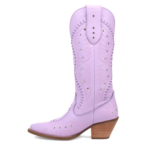 Dingo Womens Pretty N' Pink Embroidered Studded Snip Toe Pull On Casual Boots Mid Calf Mid Heel 2-3" - Purple3
