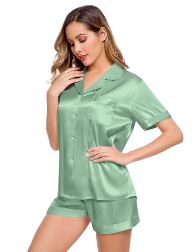 Image of LecGee Womens Silk Satin Pajamas Short Sleeve Loungewear Two-Piece Sleepwear Button-Down Pj Set