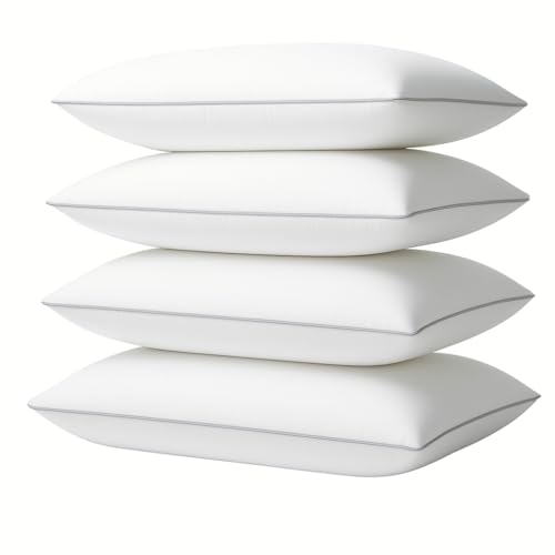 4 Pack Queen Size Bed Pillows for Sleeping Soft & Supportive Down Alternative Pillows with Gray Piping Easy to Wash Hypoallergenic Sleeping Pillows for Side and Back Sleepers