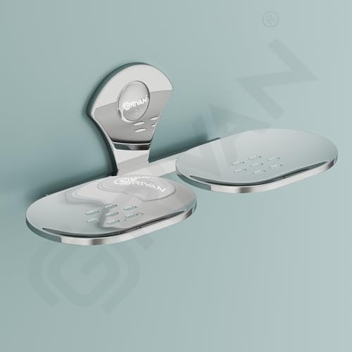 Image of GRIVAN Stainless Steel Double Soap Holder | Wall Mounted Round Soap Stand for Bathroom, Kitchen & Wash Basin | Soap Dish Bathroom Accessories (Silver Chrome)