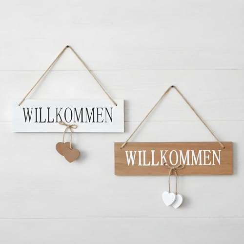 2er Set Willkommensschilder MDF Holz Herz Türschild Willkommen Landhaus Deko Wandschild Türhänger Begrüßung Dekoration