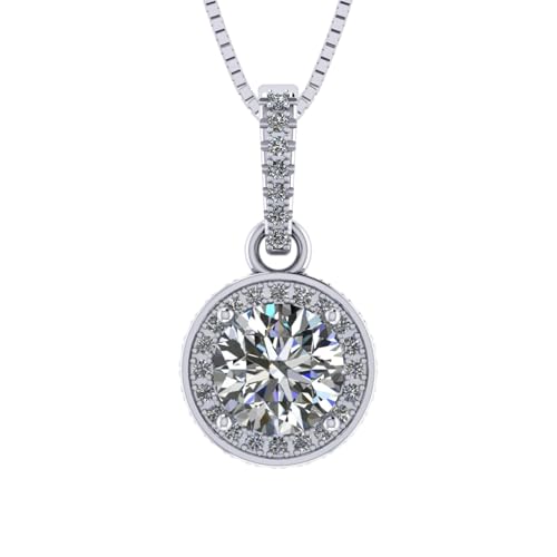 Central Diamond Center Round Halo Solitaire Necklace, Silver & Pure Brilliance Zirconia - 6.5mm Platinum Plated - 1.00ct
