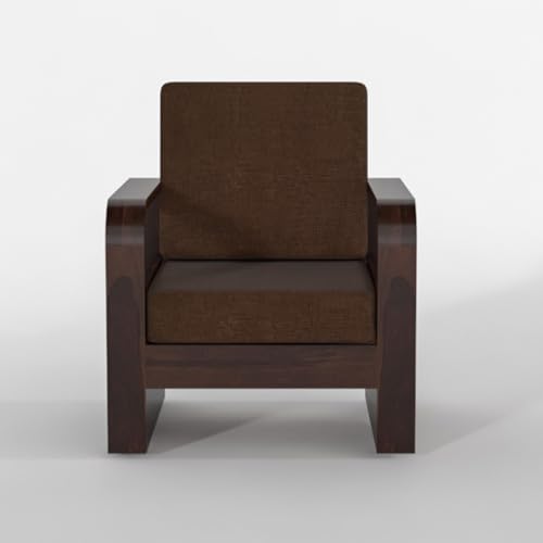Image of Sheesham Wooden 1 Seater Sofa for Living Room | Solid Wood Sofa with Side Pocket Storage & Cushion | Rosewood Sofa Set for Home & Office | Lounge (Walnut with Brown Cushion, 1 Seater)