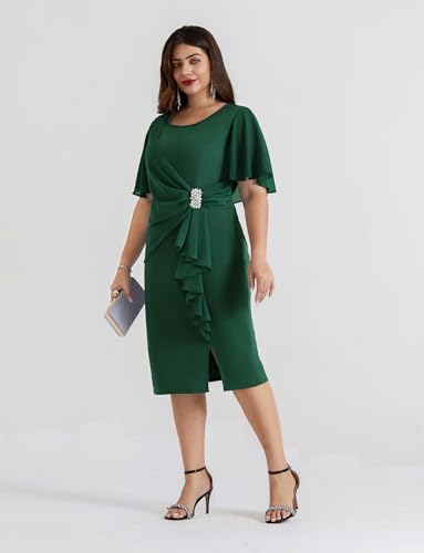 Image of Hanna Nikole Womens Plus Size Chiffon Cape Sleeve Ruffle Ruched Cocktail Party Pencil Dress for Wedding Guest