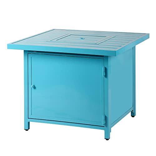 Image of Oakland Living Square 32 in. x 32 in. Aluminum Propane Fire Pit Table with Glass Beads, Two Covers, Lid, 37,000 BTUs in Blue Finish