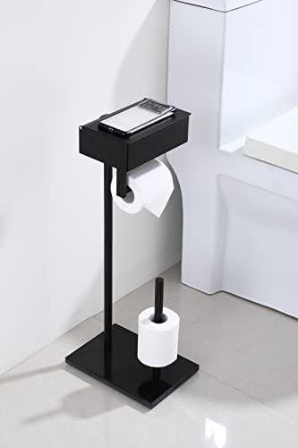 Day Moon Designs Free Standing Toilet Paper Holder Stand With Shelf, Toilet Tissue & Flushable Wipes Dispenser & Storage For Bathroom, Stainless Steel With Marble Base Bathroom Organizer - Matte Black #TOP4