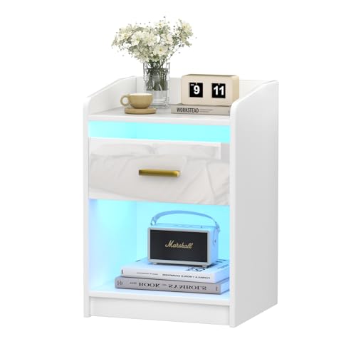Ysgwsg Mesitas de Noche, Mesa Auxiliar con Cajón, Mesita de Noche Blanca, Compartimento Abierto, Mesilla con Luz Led, Mesita De Noche Noderna Adecuada para Dormitorios. (Blanco, Set of 1)
