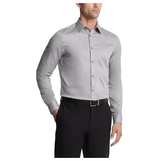 Calvin Klein Camisas Sociais Masculinas Slim Fit, Não Ferro Sólido, Cimento, 16.5" Neck 32"-33" Sleeve
