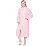 PAVILIA Womens Housecoat Zip Robe, Sherpa Zip Up Front Robe Bathrobe, Fuzzy Warm Zipper House Coat Lounger for Women Ladies Elderly with Pockets, Fluffy Fleece Long - Light Pink (Small/Medium)