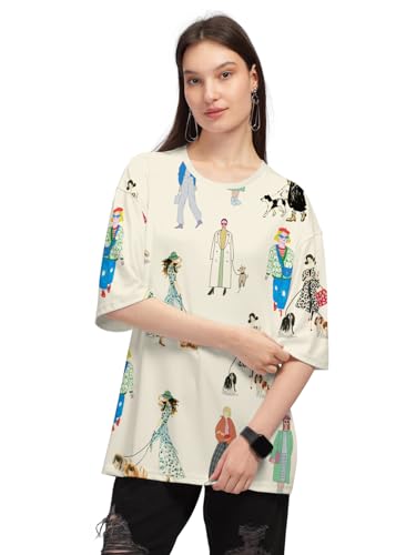 Image of HELLCAT Beige Trendy Printed Oversized T-Shirt for Women