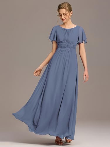 Image of Ever-Pretty Women's Spring Elegant Round Neck Short Sleeve Chiffon Empire Waist Floor Length Formal Dresses Bridesmaid Dress