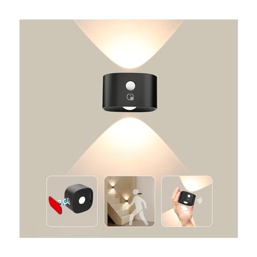 Feallive Lámpara de pared interior con detector de movimiento, lámpara de pared con batería con interruptor Touch Control 3 niveles de brillo, giratorio 360°, para salón, escalera, pasillo, lámpara de