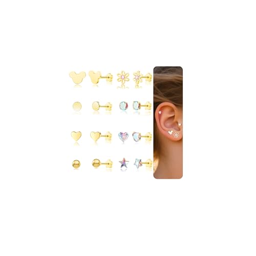 Hypoallergenic 14K Gold Earrings for Girls Women, Toddler Screw Back Baby Earrings for Sensitive Ears Silver Kids Earrings Cute Flower Heart Star Ball Dot Mouse Titanium Flat Back Stud Earring Sets