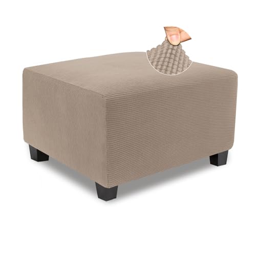 Image of NeColorLife Stretch Ottoman Cover Square Soft Knitted Jacquard Washable Thick Storage Foot Stool Cover for Square and Rectangle Ottomans Khaki Large
