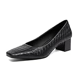 NEWBELLA Women’s Patent Square Toe Pumps - Low Chunky Block Heel Dress Shoes for Office, Party & Daily Wear, Black 8.5