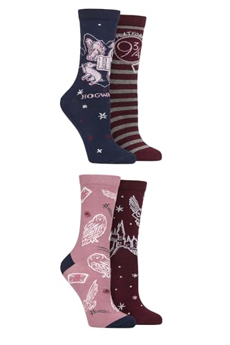 SockShop Women’s Harry Potter Hogwarts Cotton Socks – 4 Pack House Crest Designs, Soft Breathable Fit, Magical Gift Idea for Fans and Film Lovers, Size 4–8 Assorted