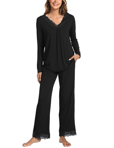 GYS Bamboo Viscose Women's Pajama Sets Long Sleeve Lace V-Neck Soft 2 Piece Sleep Set