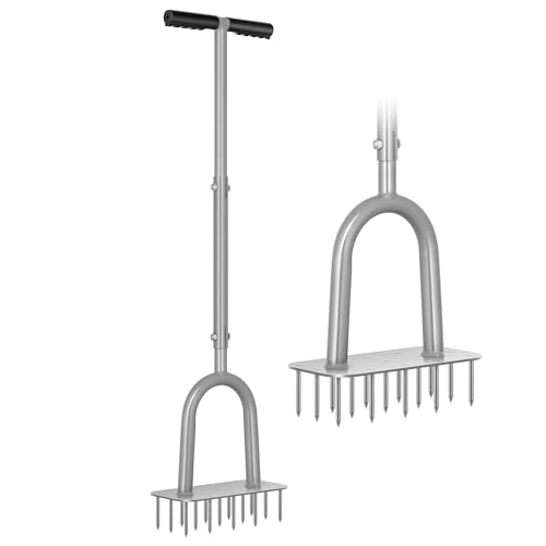 VIVOSUN 15-Spike Lawn Aerator Tool, Metal Spike Aerator, Efficient Manual Dethatching & Soil Aerating, Pre-Assembled Lawn Aeration Garden Tool, Durable Steel Structure with T-Handle & Wide Foot Bar