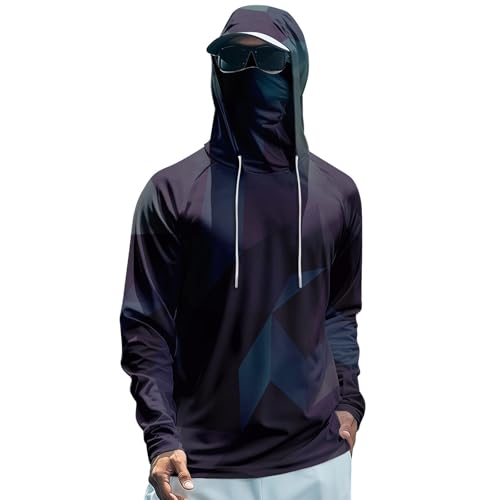Mens Long Sleeve Sun Protection Shirts UPF 50 Hoodie with Mask Rash Guard Stretch Active UV Fishing Shirts with Hood