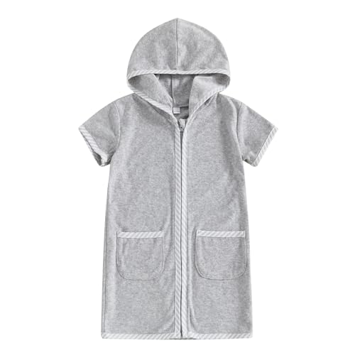Image of Girls Boys Terry Cloth Swim Cover Up Zip Up Hooded Bathing Suit Coverup Wraps Kids Pool Beach Robe Cover-Up Kimono