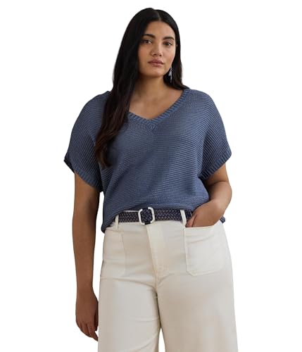 Lauren Ralph Lauren Women's Plus Size Linen-Blend Short-Sleeve V-Neck Sweater