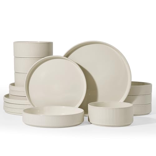 Image of Famiware Star Stoneware Dinnerware Sets with Pasta Bowls, 16pc Dishes for 4 | Ceramic Flat Plates and Double Bowls. Chip & Scratch Resistant. Microwave & Dishwasher Safe, Everyday & Party Use, Oat White