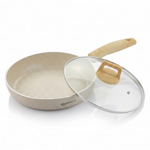 Image of Amazon Basics Non Stick Ceramic Frying Pan 26 cm with Lid | 5 Layer Coating | Wooden Finish Bakelite Handle | Induction & Gas Compatible | Low Oil Cooking | Durable Flat Base | Ivory