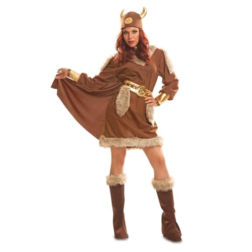 My Other Me - Disfraz para mujer adulto de Vikinga marrón con vestido con capa, cubrebotas, cinturón y casco talla M/L. Despierta a la guerrera legendaria que llevas dentro