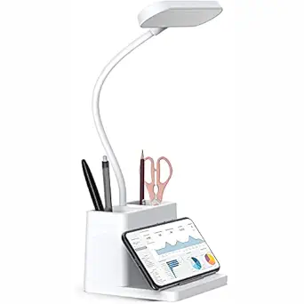 LED Desk Lamp with Pen Holder, Desk Light for Computer/Desktop - White, Rechargeable, Eye-Caring, Flexible Gooseneck - Bedside Table Lamp for Reading, Small Study Lamp for Kids, Home, Office, Dorm
