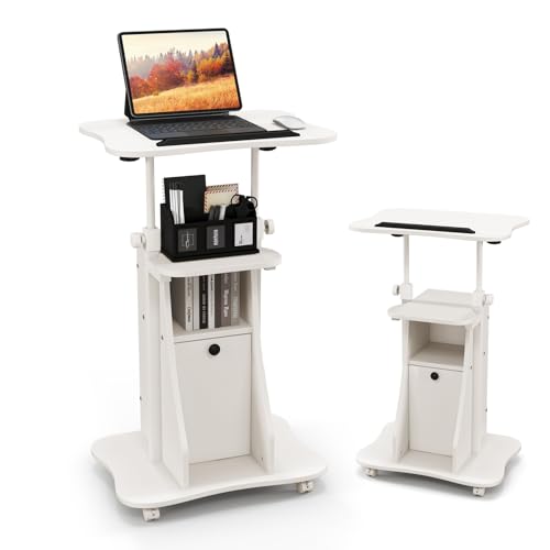 LIFEZEAL Podio, Leggio, Pulpito Conferenze, 2 Piani, 4 Ruote, 2 Scomparti, Inclinabile, Altezza Regolabile, Tavolo Presentazioni, Scrivania Discorsi Pubblici, Porta PC, Aula, 55x40x68-114cm (Bianco)