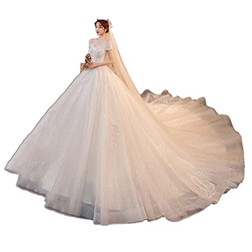 Damen Spitze Brautkleider Braut Sexy Schulterfrei Brautkleider Elegantes Langes Cocktailkleid Formelles Hochzeitskleid Schön (Color : Champagne-Floor length Size : X-Small) (Champagne tailing) Happy Cover